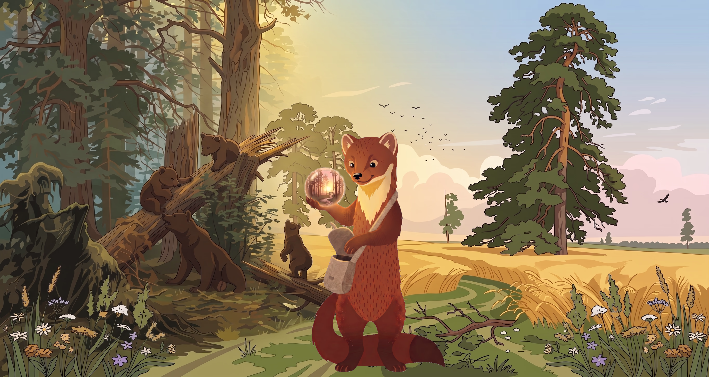 Шустрик на фоне картин Ивана Шишкина